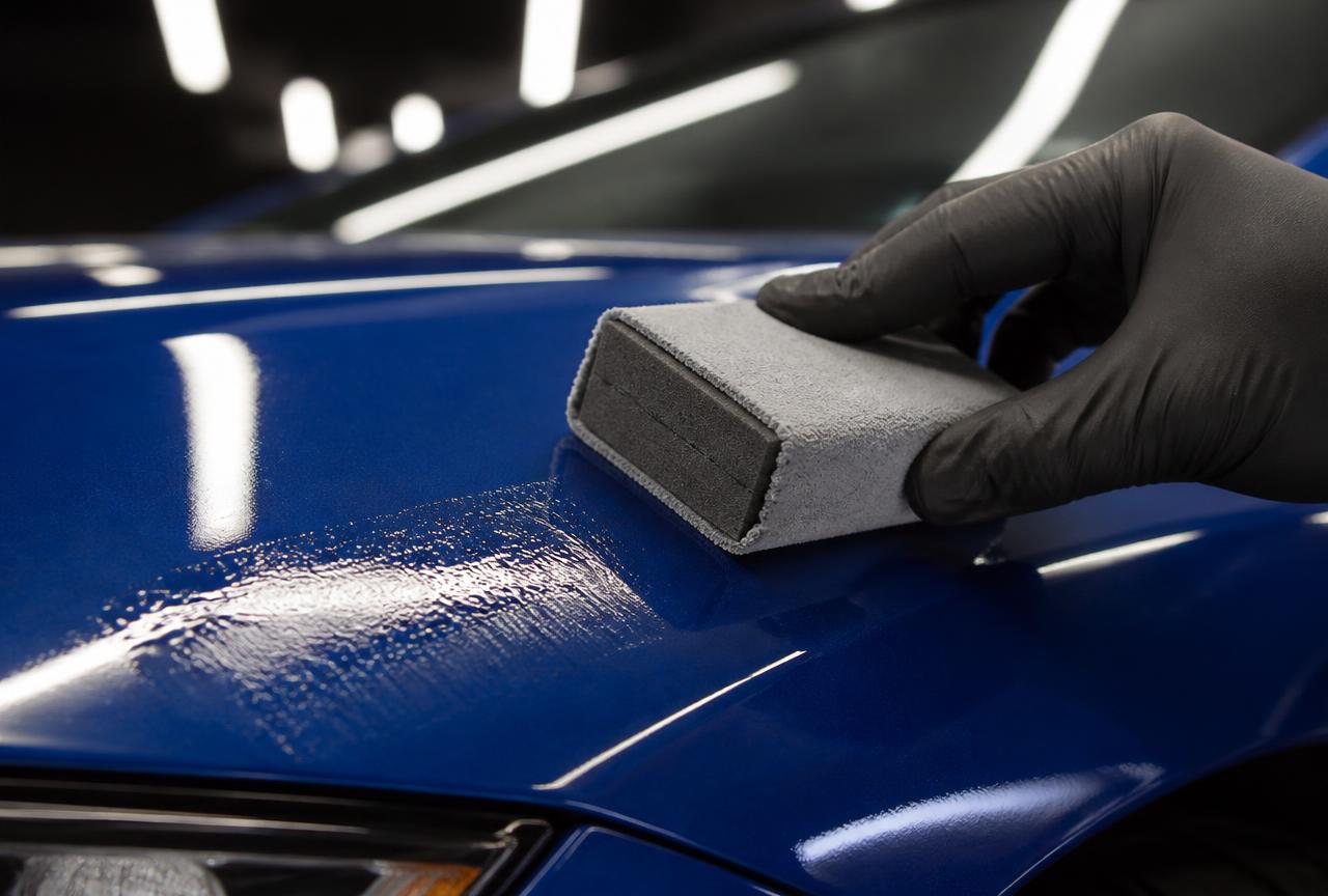 Suede coating applicator block spreading liquid nano ceramic coating across a deep blue car fender