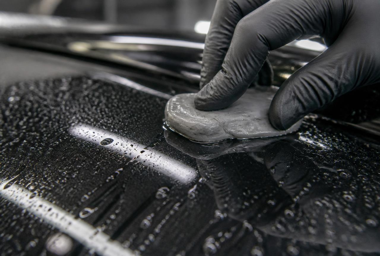 Gray clay bar gliding over a lubricated black car roof panel removing bonded paint contaminants