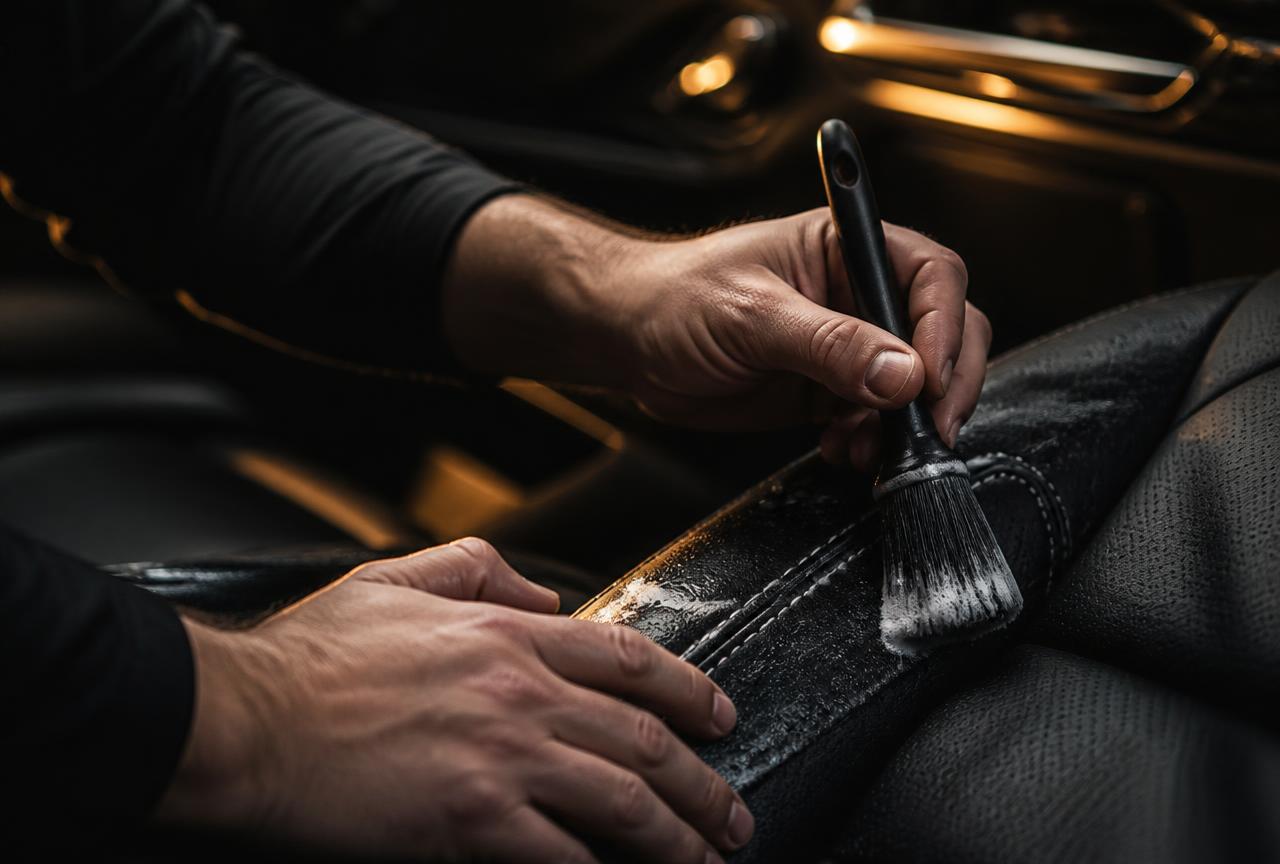 Detailing brush cleaning leather seat stitching during a mobile interior detail
