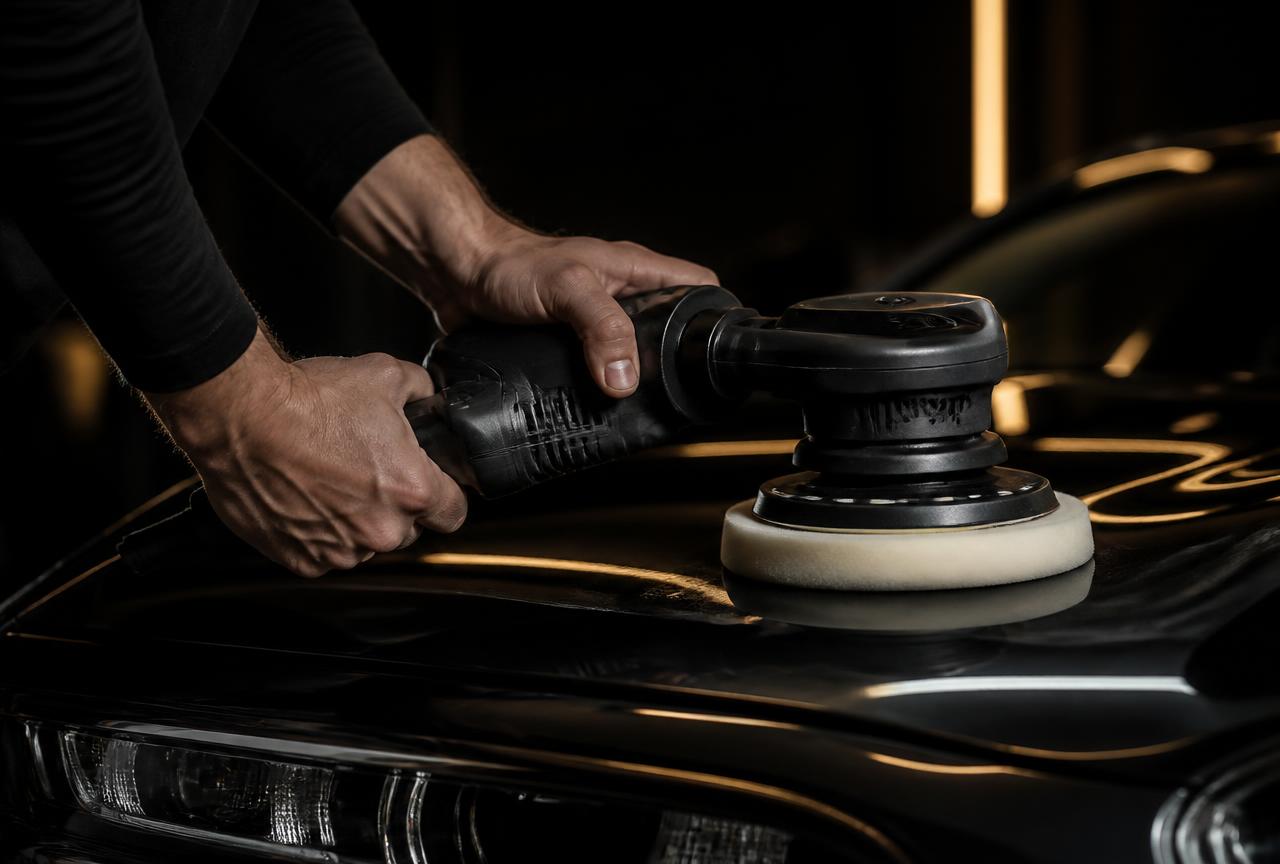 Dual action polisher with a cutting pad removing swirls from black car paint