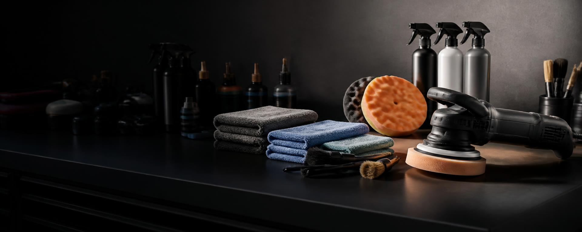 Professional auto detailing tools on a dark workbench: dual action polisher, foam pads, microfiber towels and detailing brushes