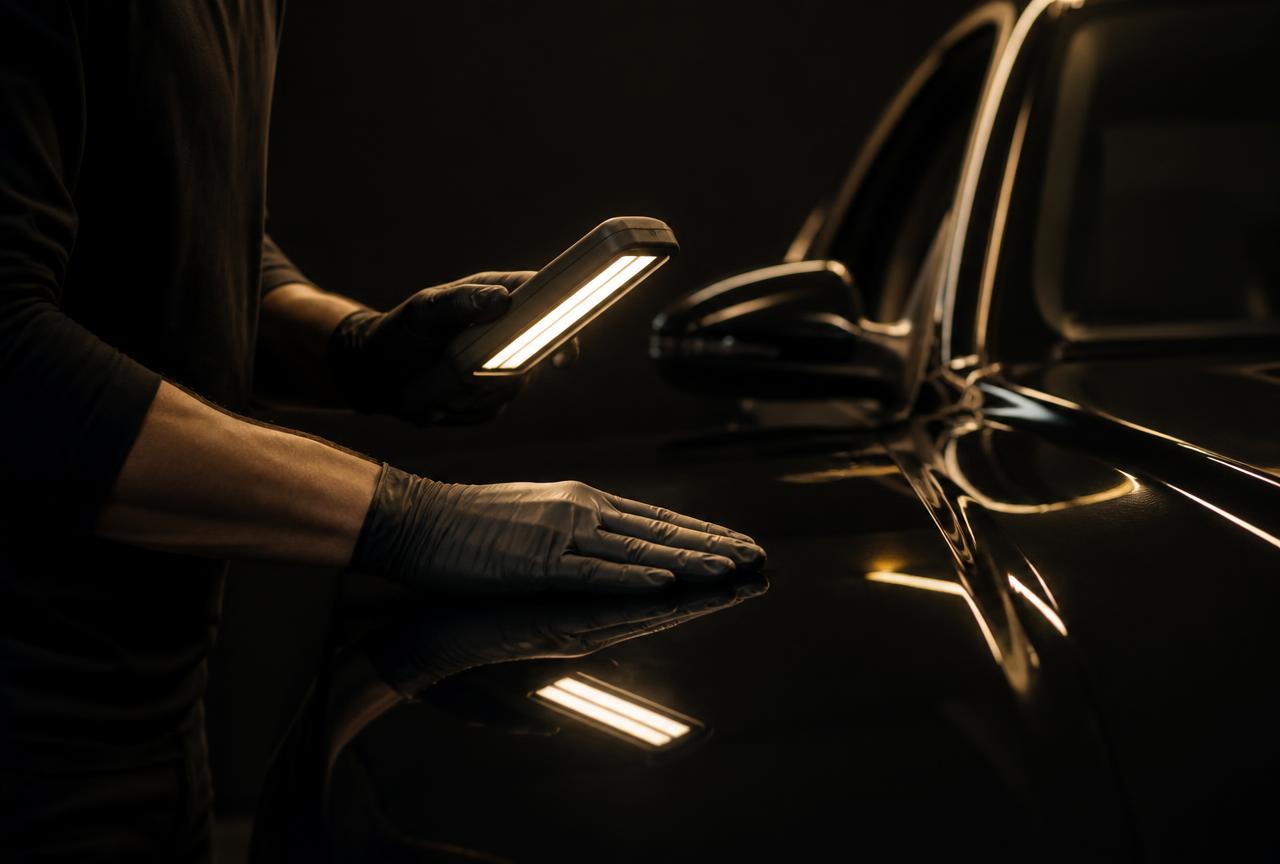 Detailer inspecting a glossy black car panel with an LED swirl-finder light