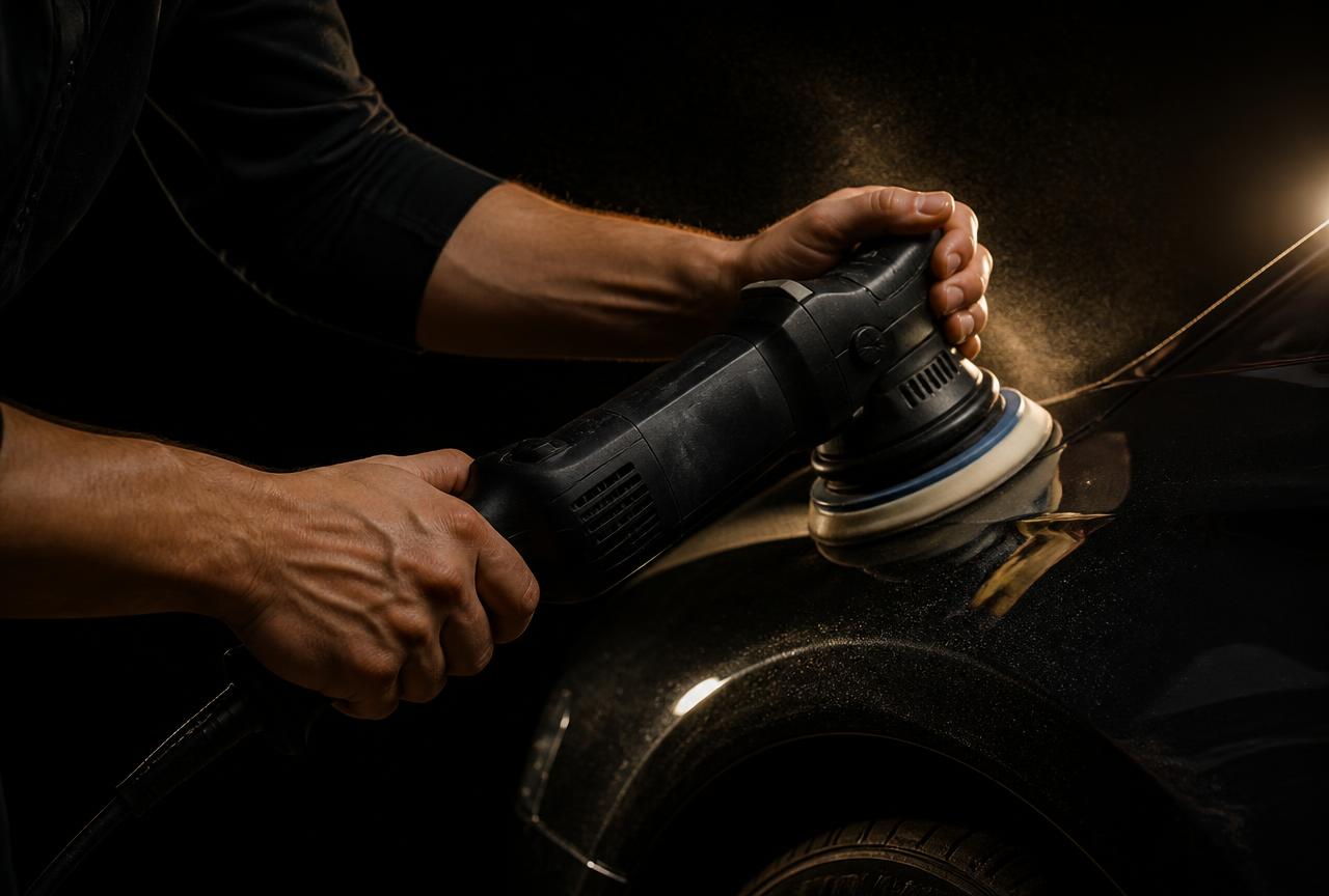 Detailer's hands gripping a dual action polisher across dark car paint