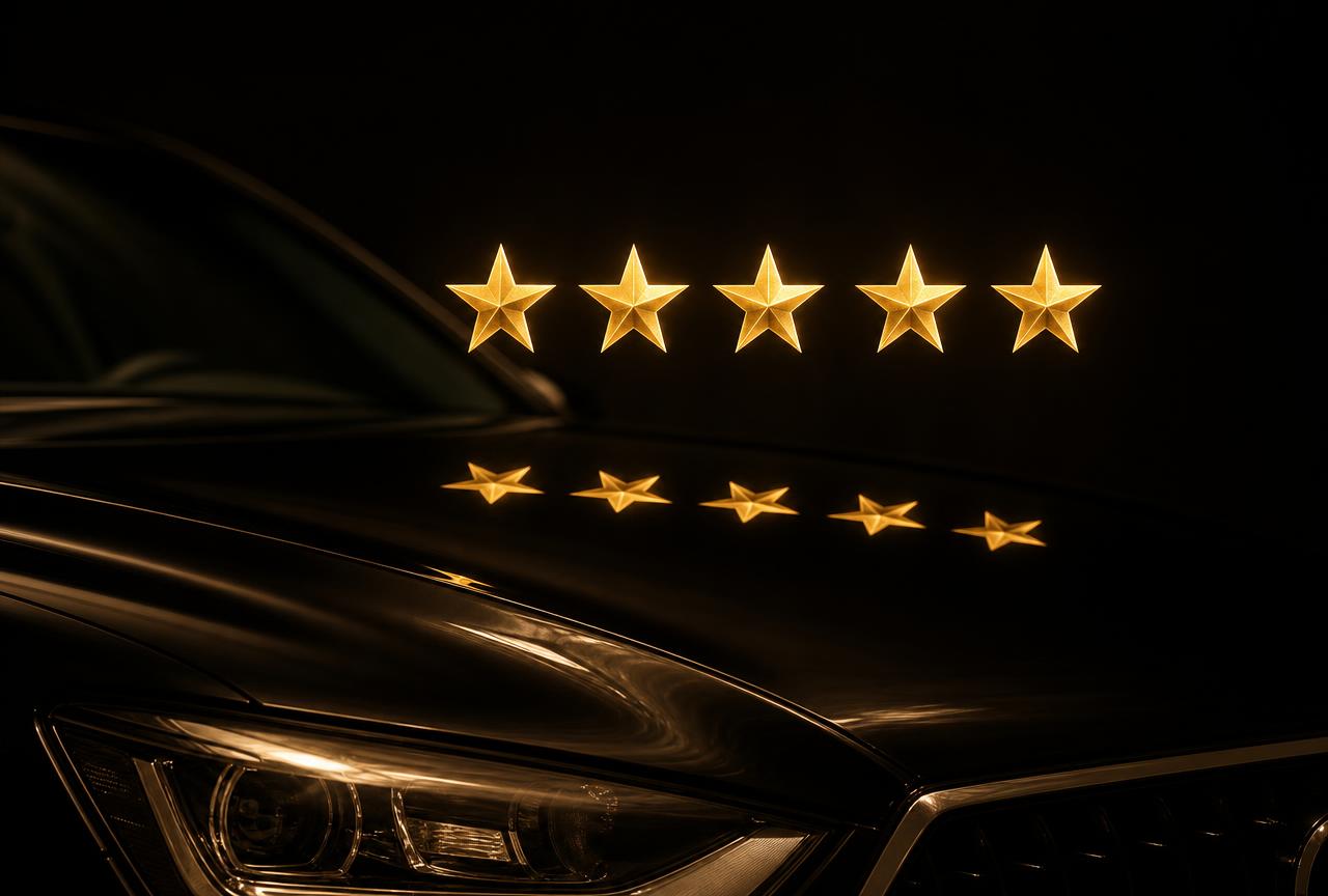 Five glowing gold stars reflected on the polished hood of a black car
