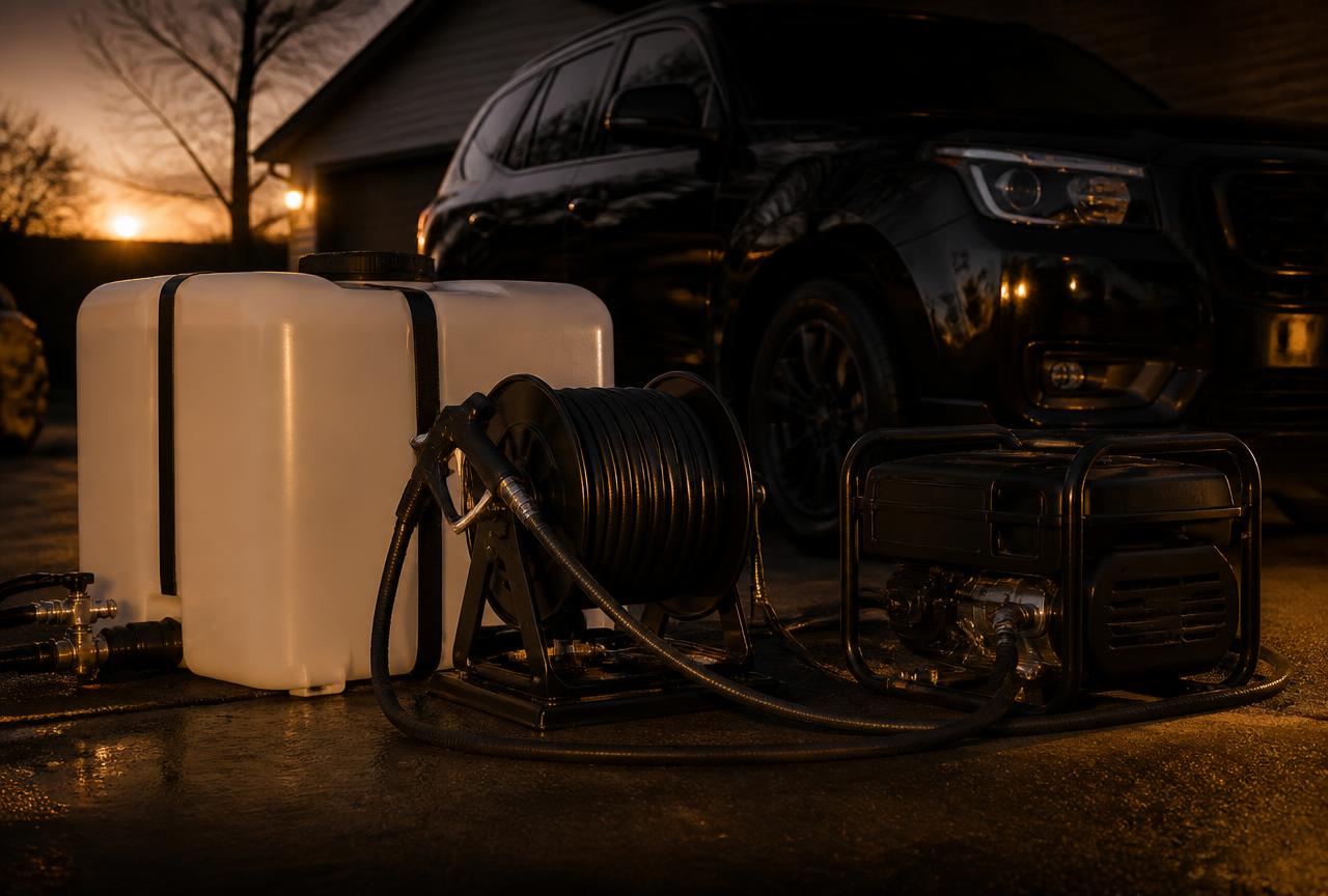 Mobile detailing water tank, hose reel and generator set up beside a vehicle at dusk