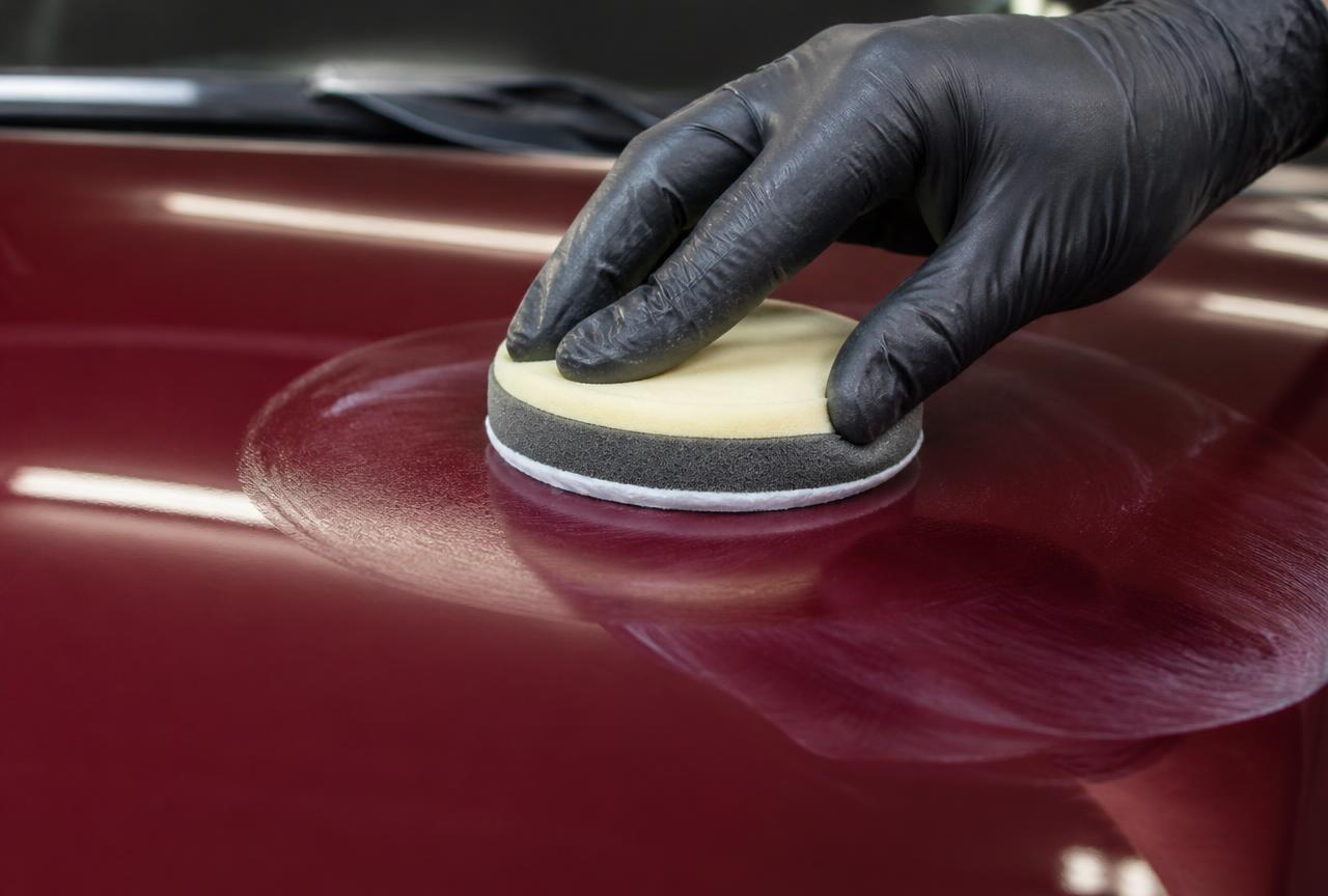Round foam applicator pad spreading carnauba paste wax across a deep red car hood with glossy reflections